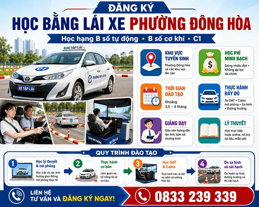 Đăng Ký Học Bằng Lái Xe Phường Đông Hòa Hạng A, A1, B, C1 Tháng 10/2026 1 ĐĂNG KÝ HỌC BẰNG LÁI XE PHƯỜNG ĐÔNG HÒA
