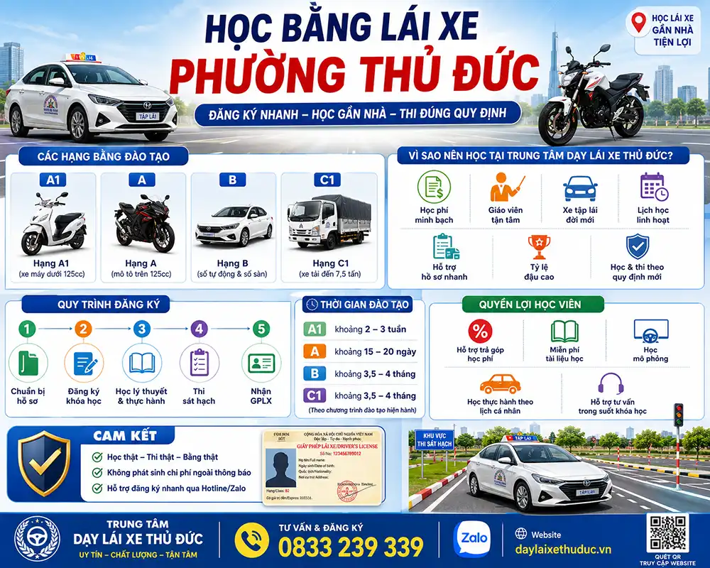 Đăng Ký Học Bằng Lái Xe Phường Thủ Đức Hạng A1, A, B, C1 Tháng 10/2026 1 Đăng Ký Học Bằng Lái Xe Phường Thủ Đức