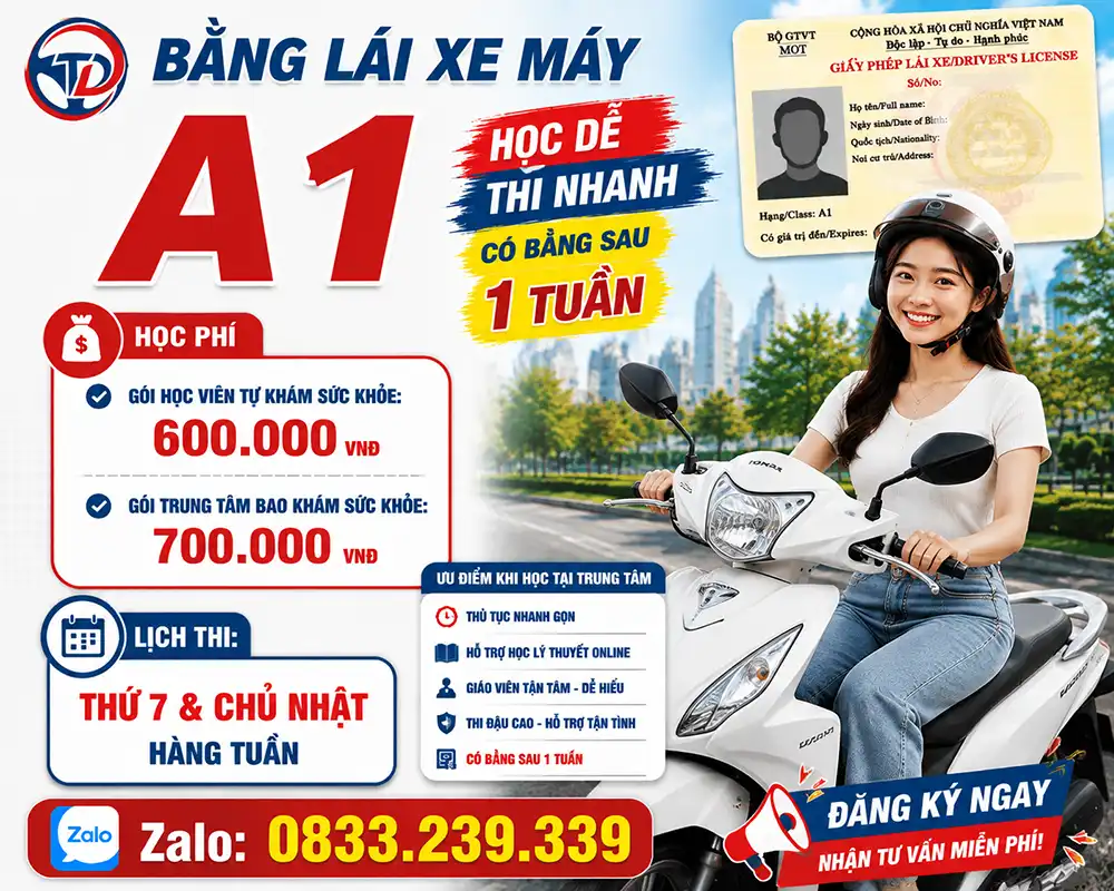 Trung Tâm Lái Xe Thủ Đức 31 đăng ký thi bằng lái xe máy A1